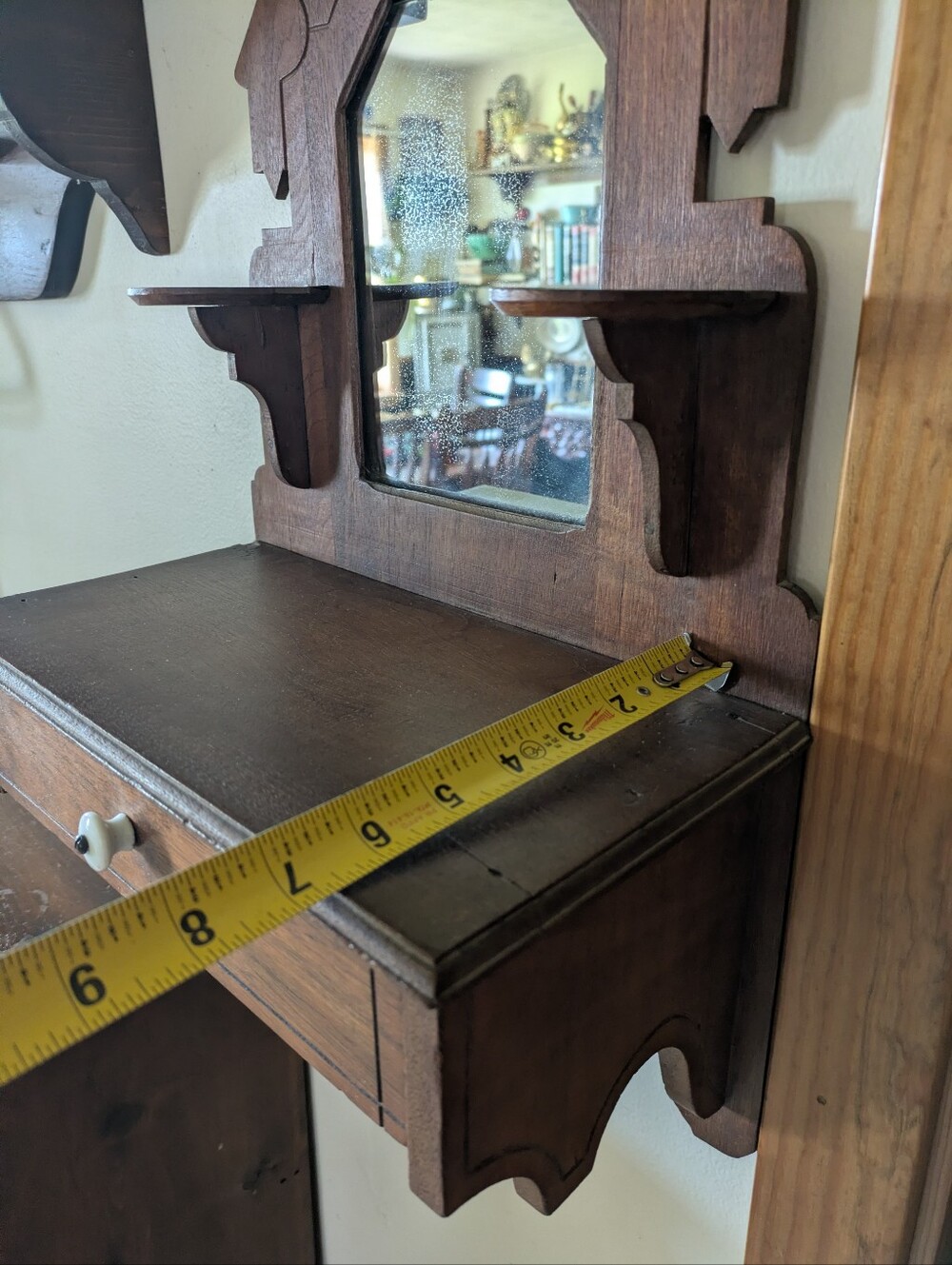 Antique Eastlake Victorian Walnut Wall Mirror Shaving Stand Comb Case - Picture 9 of 11
